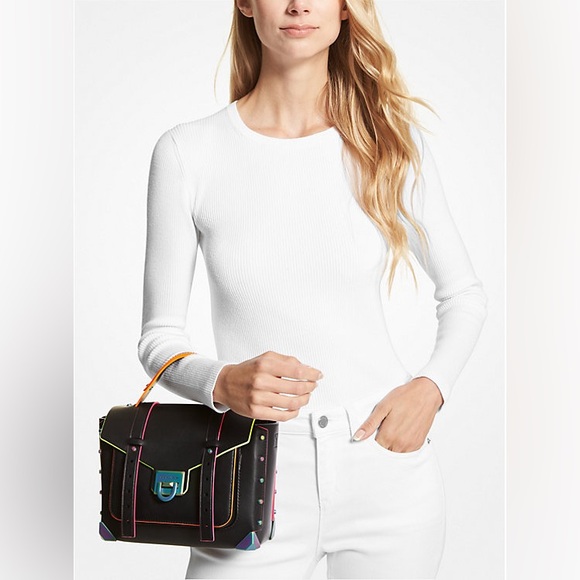 🔥🔥🔥Michael Kors Manhattan Black Leather Multicolor Top Handle Crossbody Bag - Picture 2 of 16
